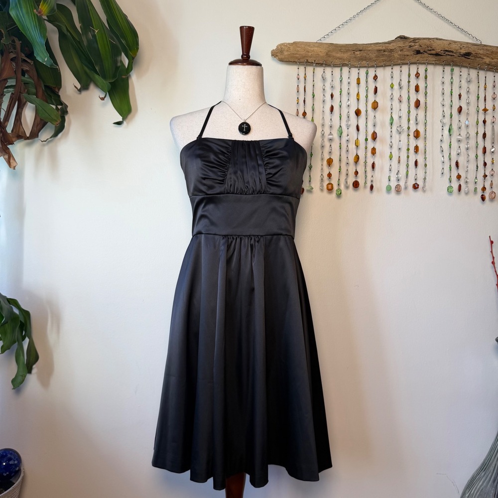 White House Black Market 90s Black Satin Halter Babydoll Formal Gothic Dress 6